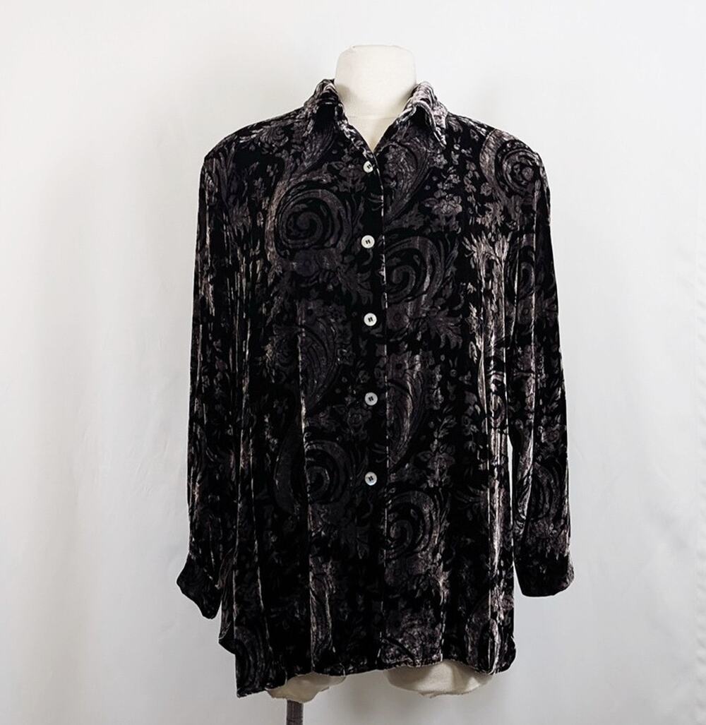 Coldwater Creek Tunic Top Black Gray Velour Floral Print Women's Size XL
